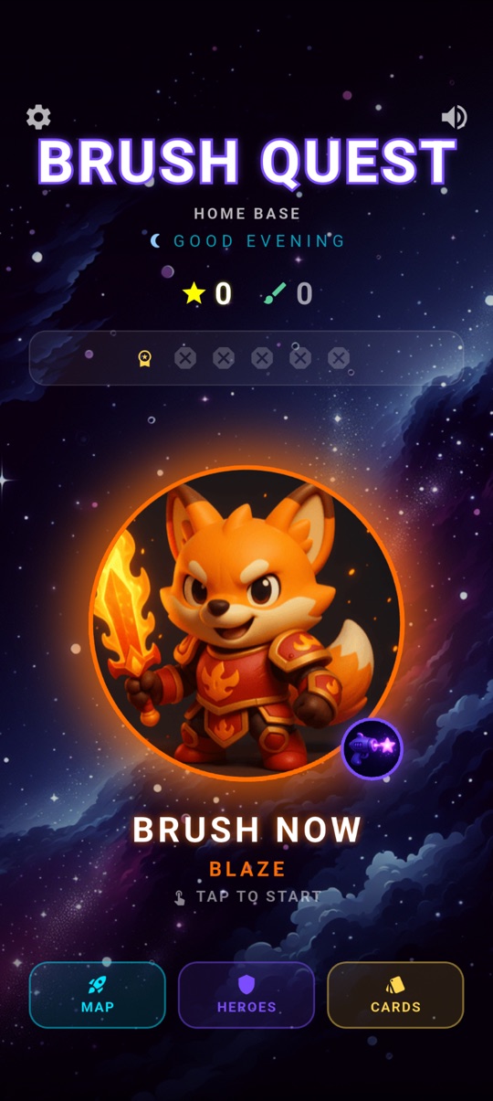 Home screen showing hero character Blaze with stats and Brush Now button