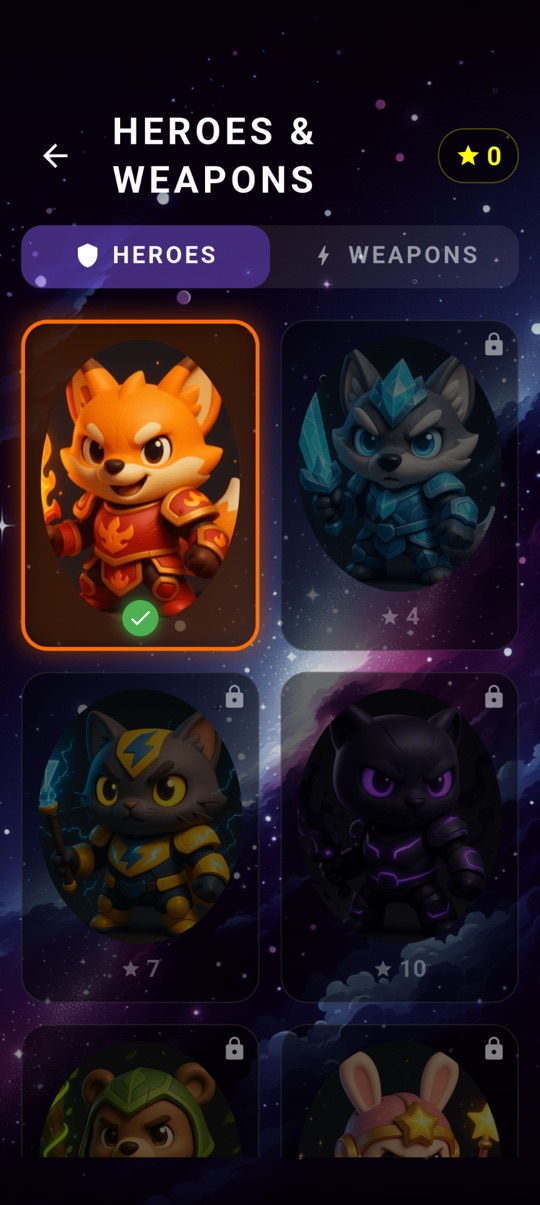 Heroes and Weapons shop showing unlockable characters Blaze, Frost, Bolt, Shadow