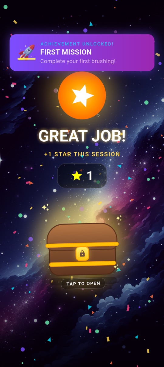 Victory screen with confetti, star reward, and treasure chest after brushing session